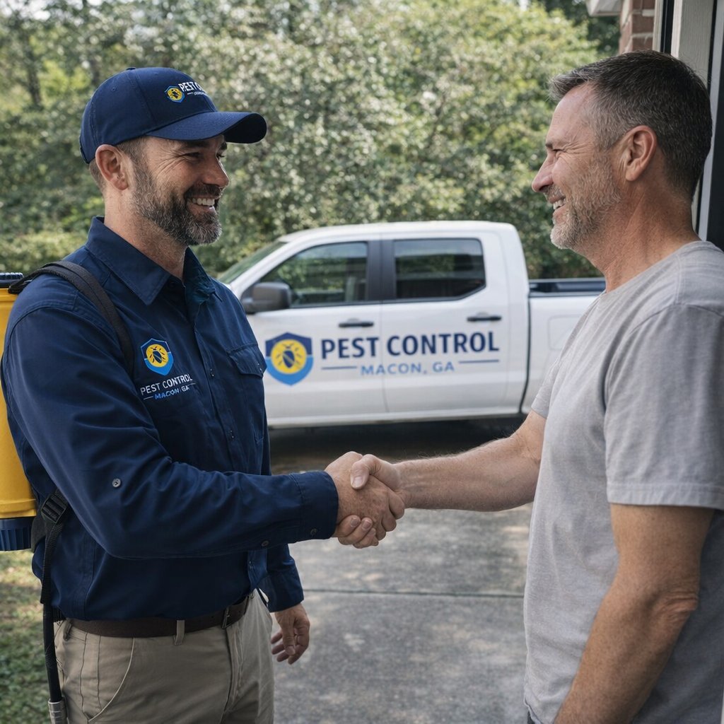 Pest control professional in blue uniform shakes hands with a smiling man by a house. A pest control truck is visible in the background.