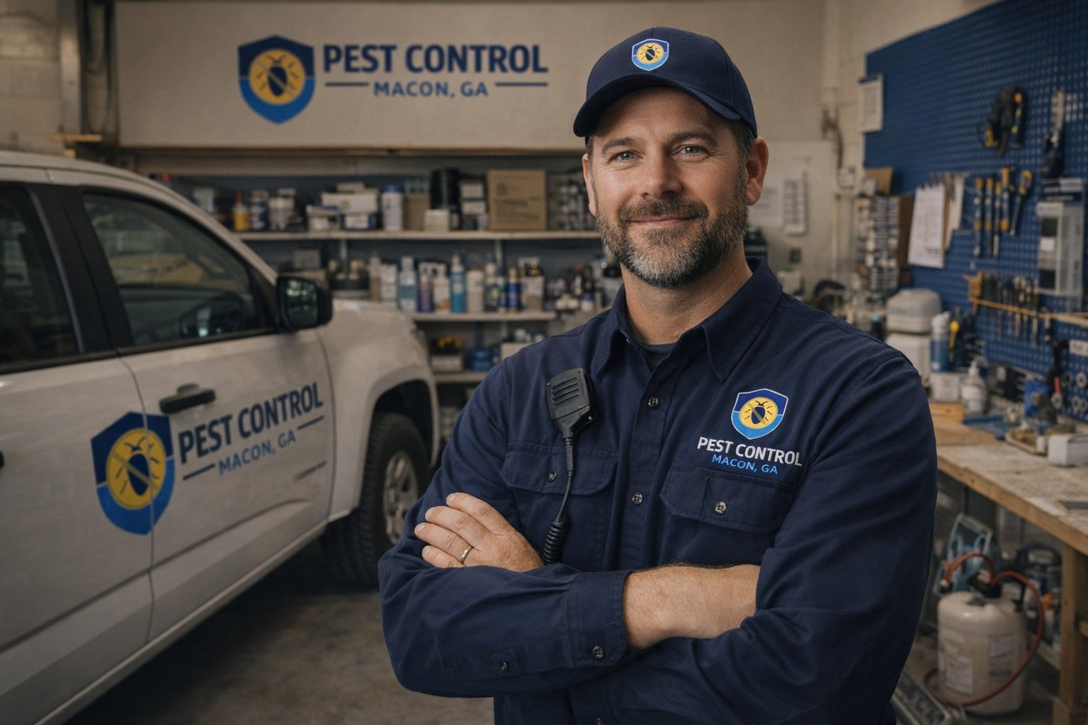 Man in a blue uniform and cap with arms crossed stands in a pest control office. A branded truck is visible, conveying professionalism and readiness.