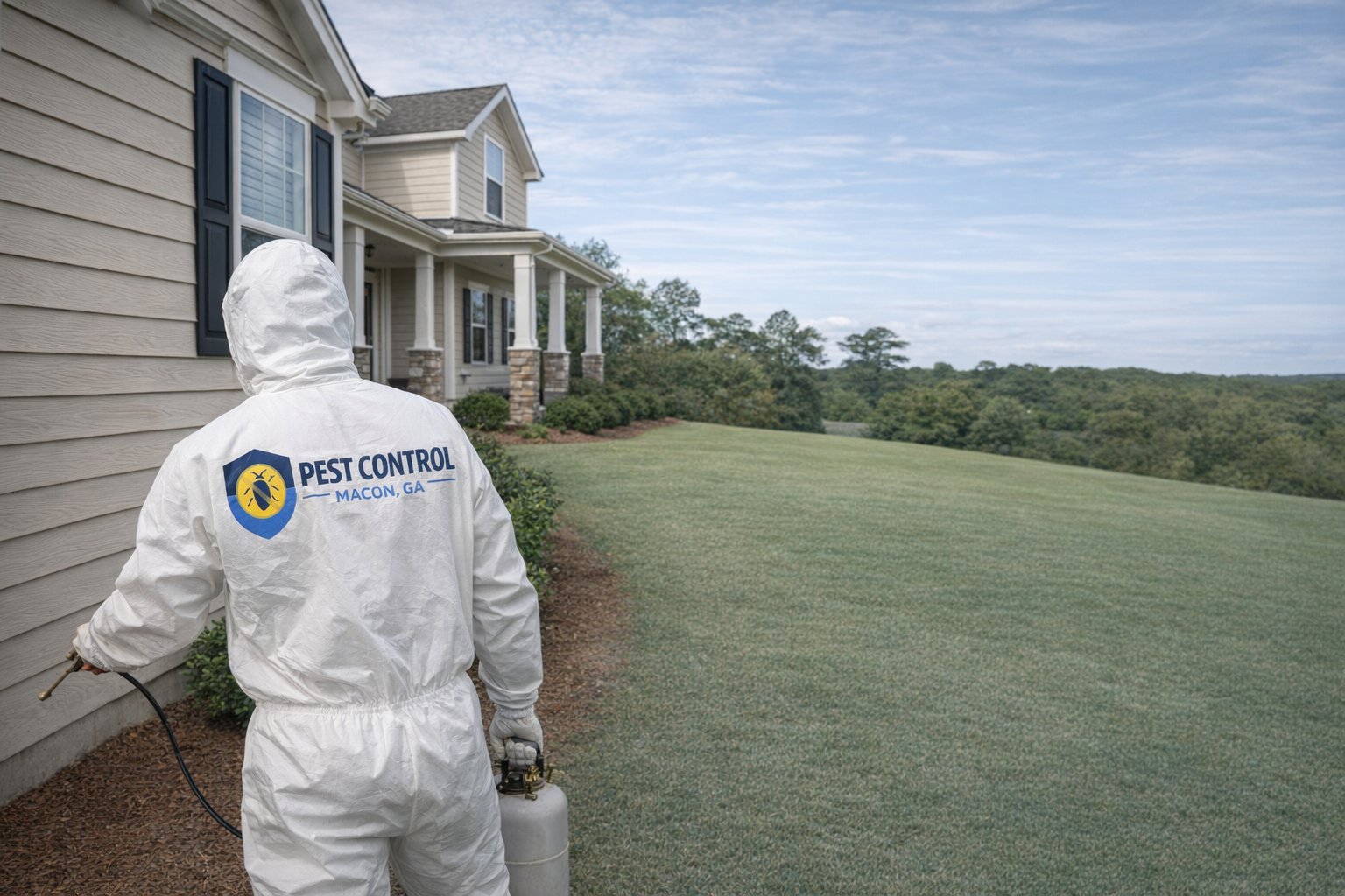 A person in protective gear sprays pesticide near a suburban house with a large, manicured lawn. The sky is clear, and the scene is calm.
