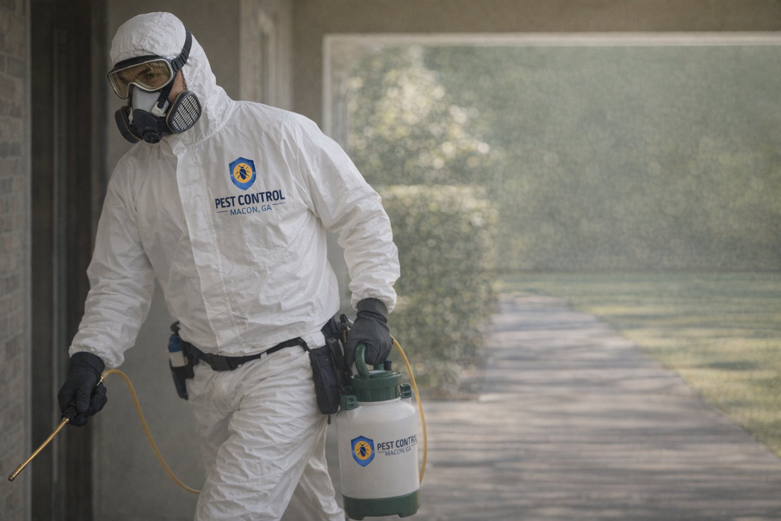 Pest control worker in protective gear and mask carries a sprayer outdoors, mist creates a hazy effect. Professional and focused ambiance.