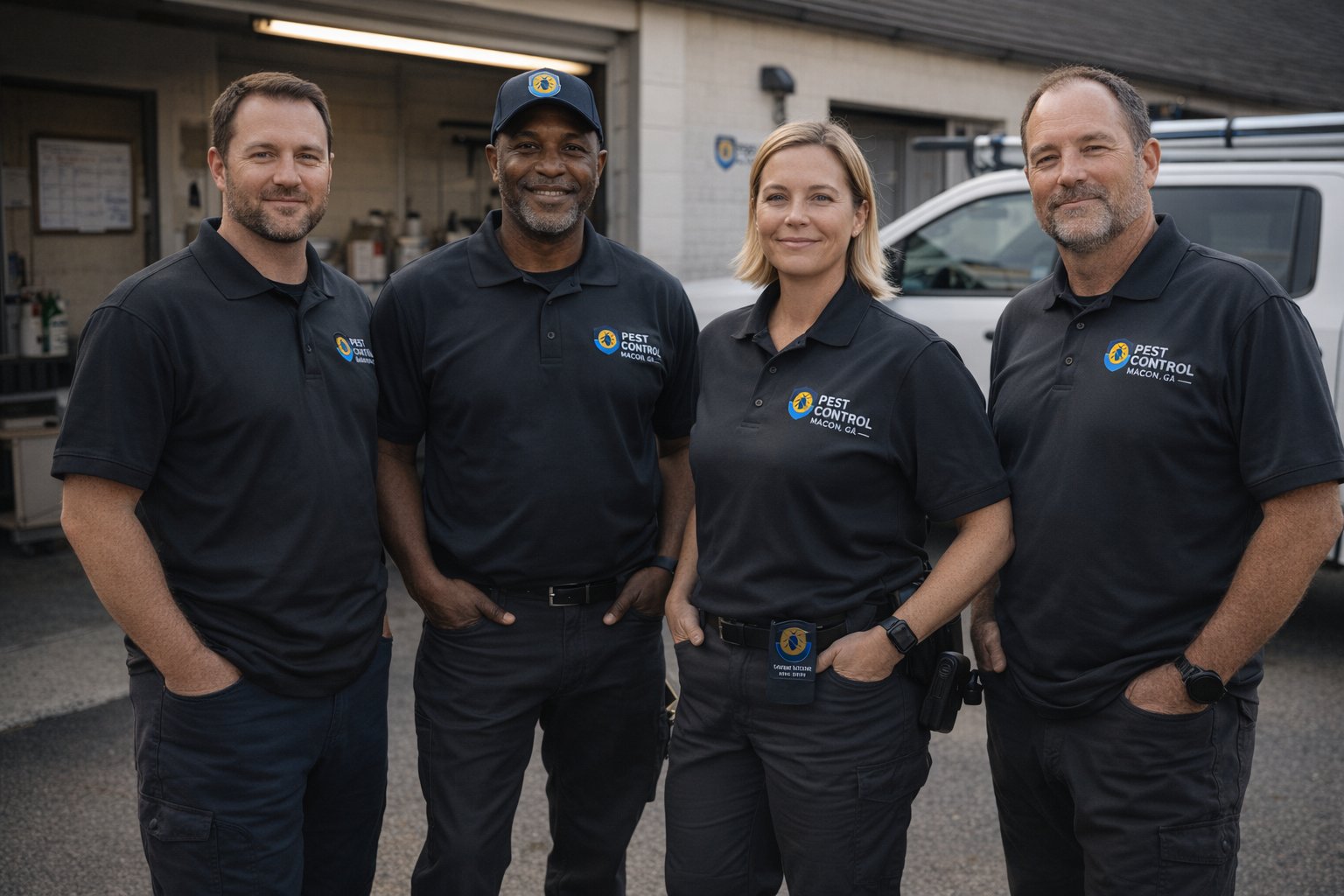 Four pest control workers stand confidently outside a building, wearing matching uniforms with logos. They exude teamwork and professionalism.