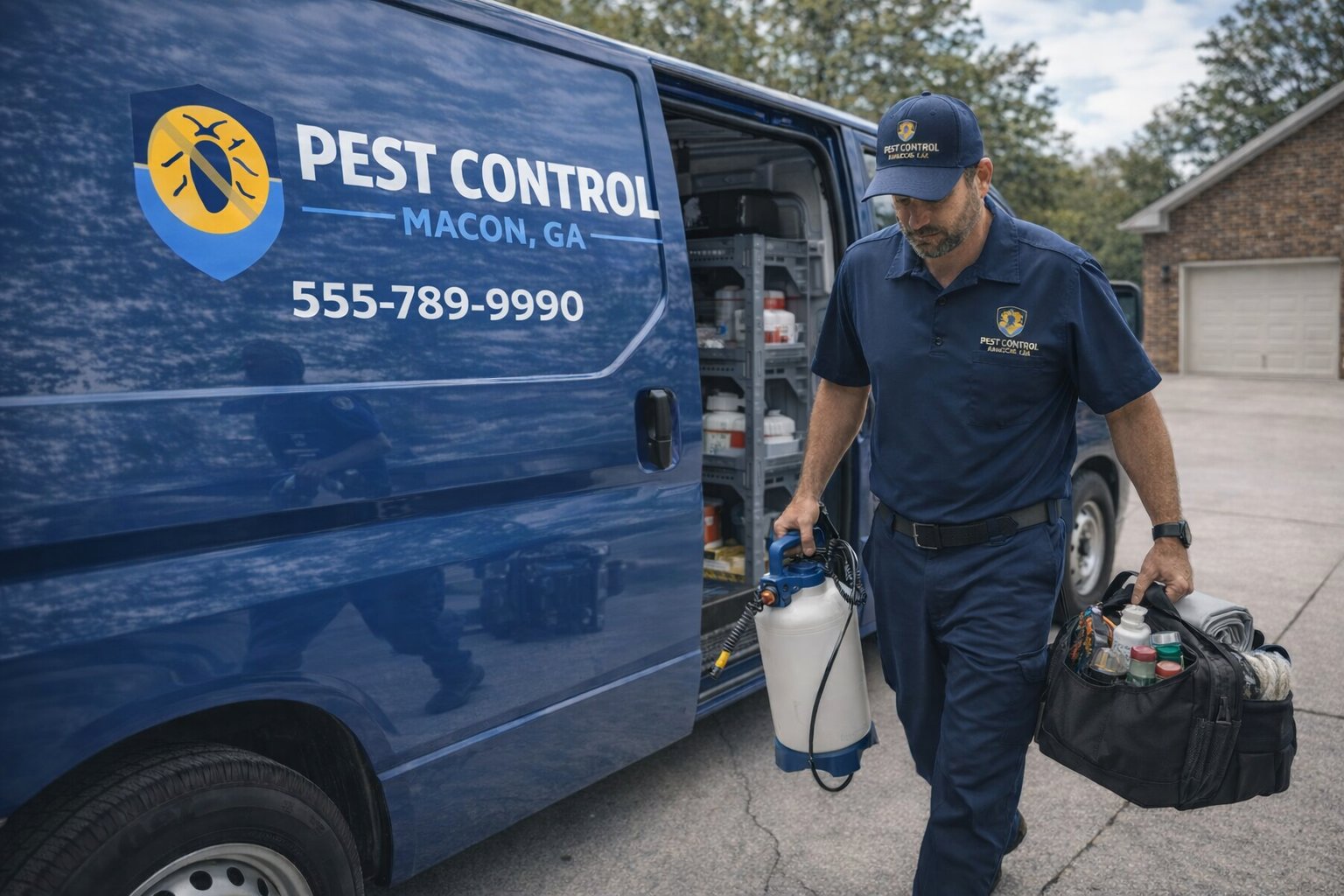 A pest control worker in uniform carries equipment and a bag, walking beside a blue van labeled “Pest Control, Macon, GA.” The mood is professional.